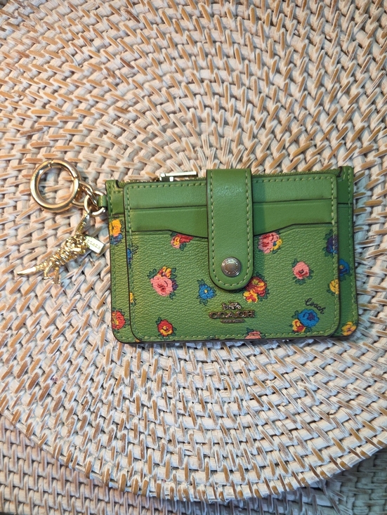 Coach Handbags - Coach Green Floral Leather Card Case Keyring